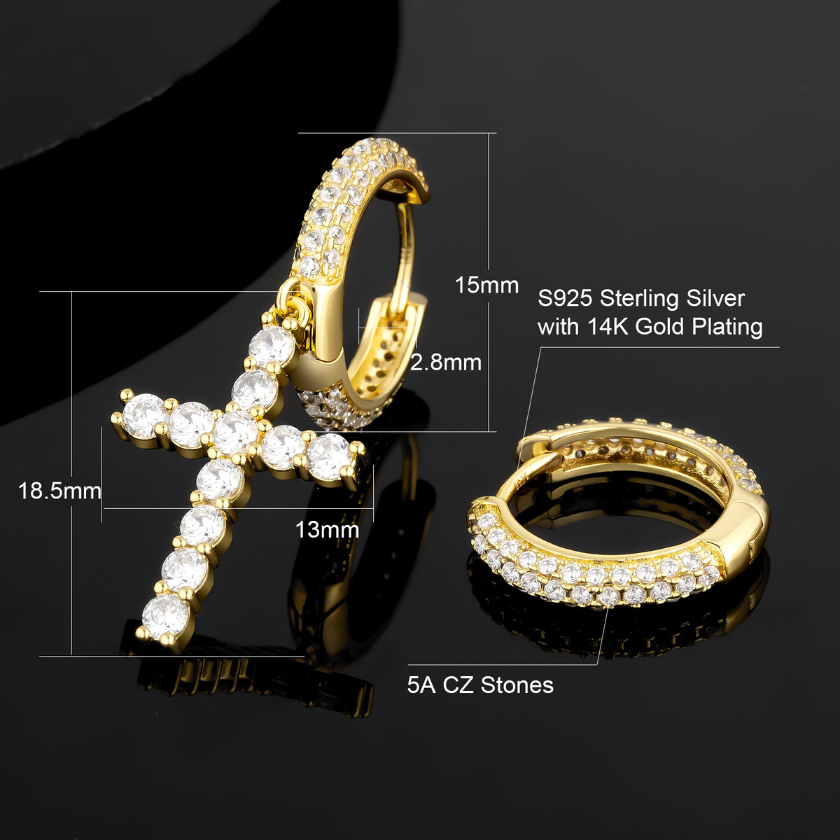 Gold Hoop Earrings for Men with CZ Dangle Cross in 14K Gold/White