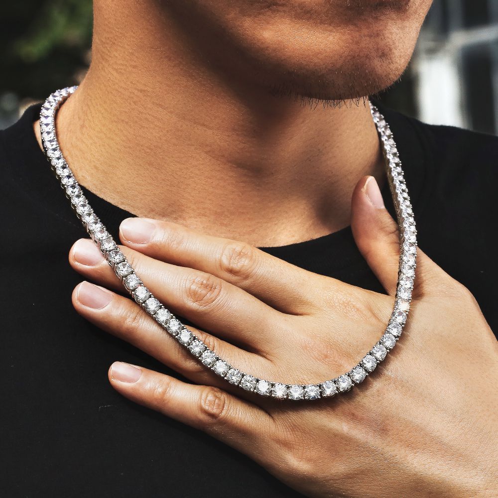 6mm White Gold Round Cut Cubic Zirconia Mens Diamond Tennis Chain
