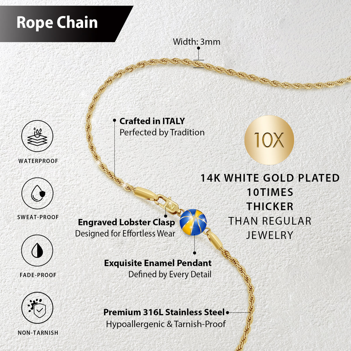 [The Golden Bay] 3mm Stainless Steel Rope Chain with Basketball Pendan ...