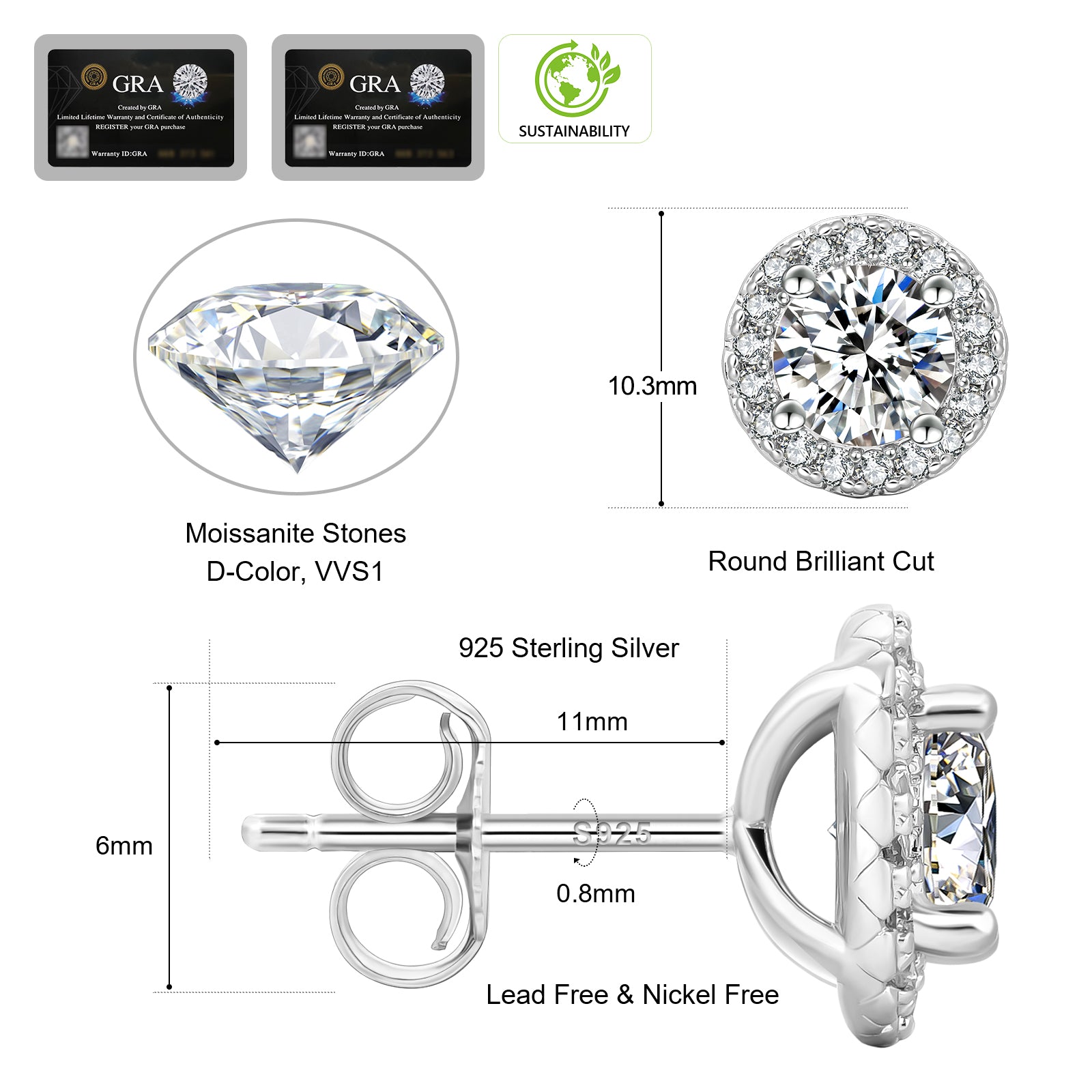 0.5/1.0 Carats *2 Excellent VVS1 Moissanite Earrings 0106