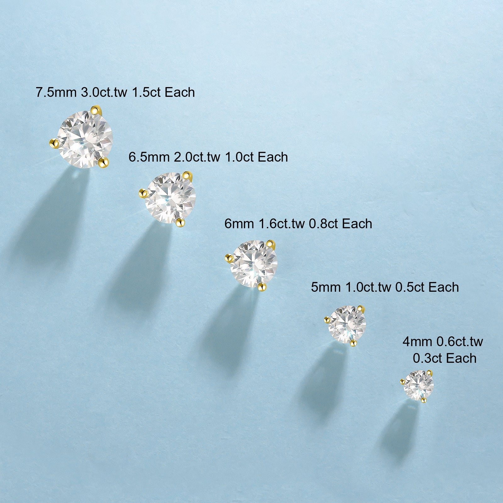 0.3/0.5/0.8/1.0/1.5 Carats *2 Round 3-Prong Setting Excellent VVS1 Moissanite Earrings 0213