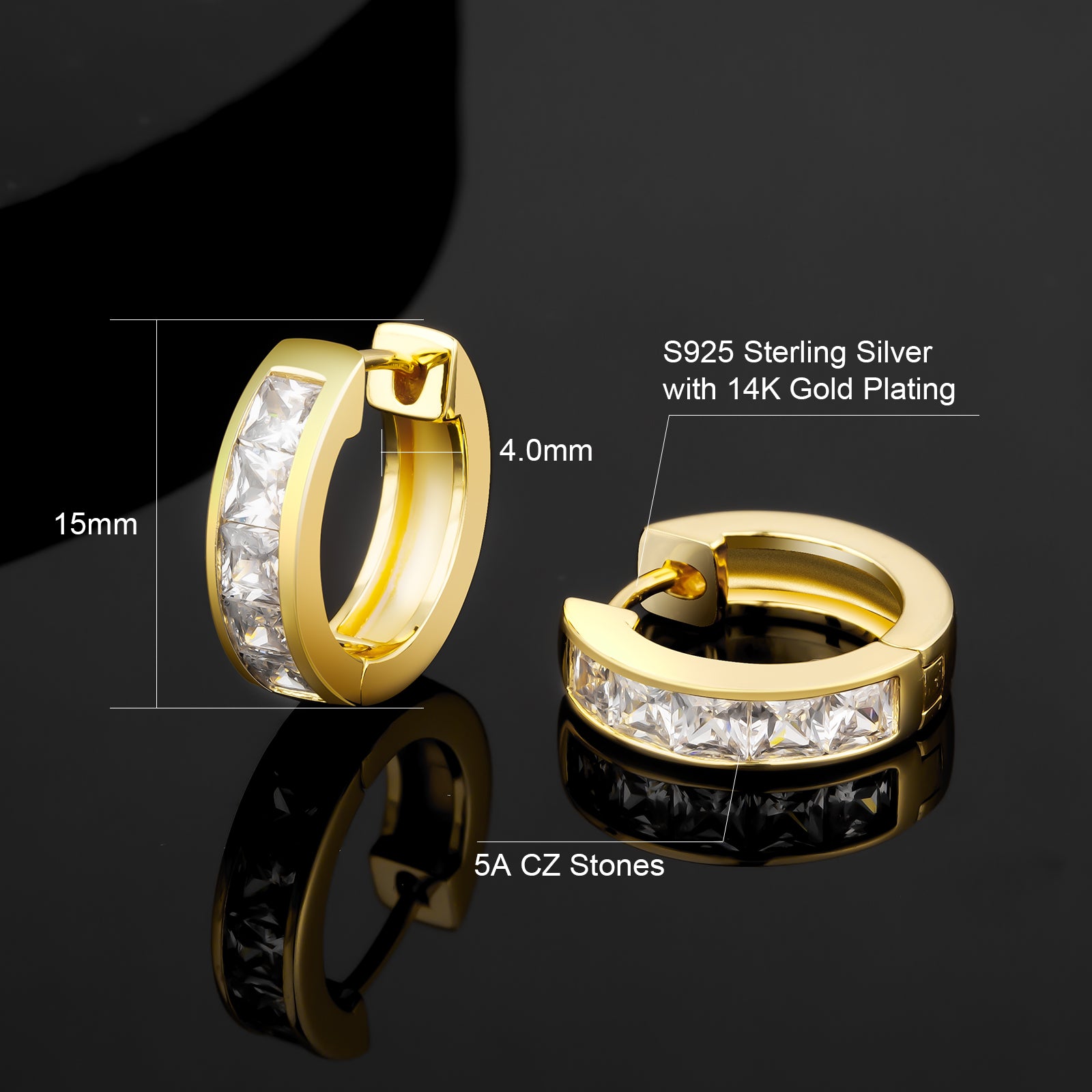 15mm Princess Cut Sterling Silver Hoop Earrings