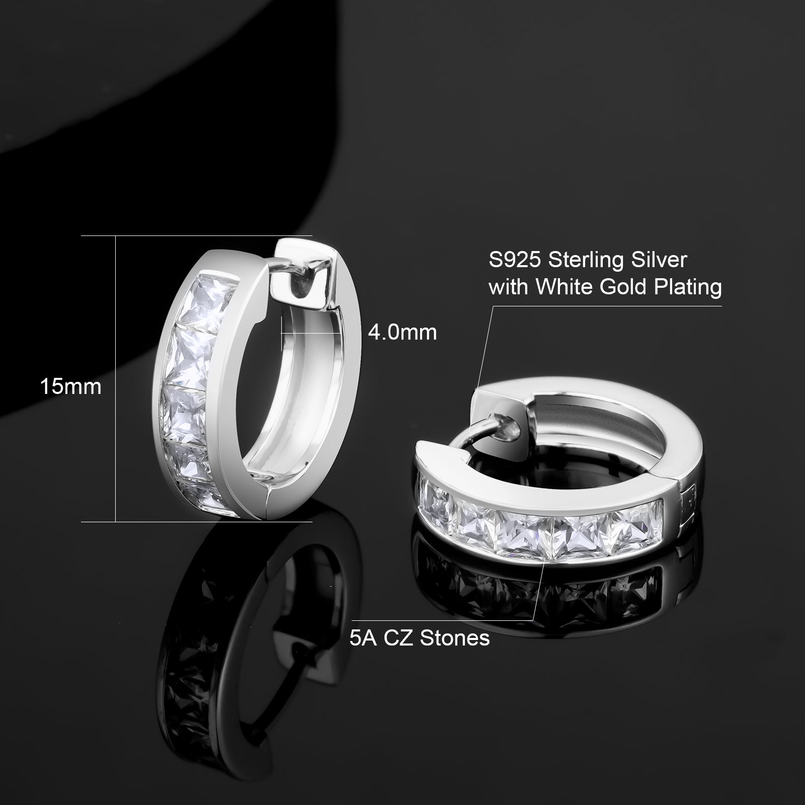 15mm Princess Cut Sterling Silver Hoop Earrings