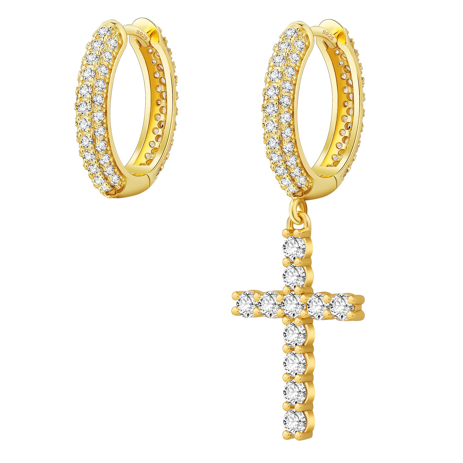 Gold Hoop Earrings for Men with CZ Dangle Cross in 14K Gold/White