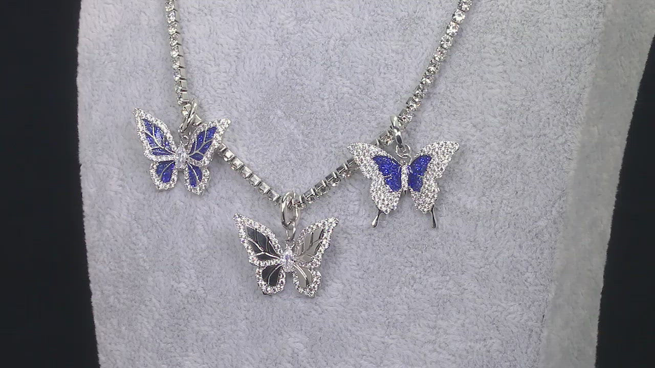 KRKC Iced Out Cubic Zirconia Blue Butterfly Pendant Necklace for Women