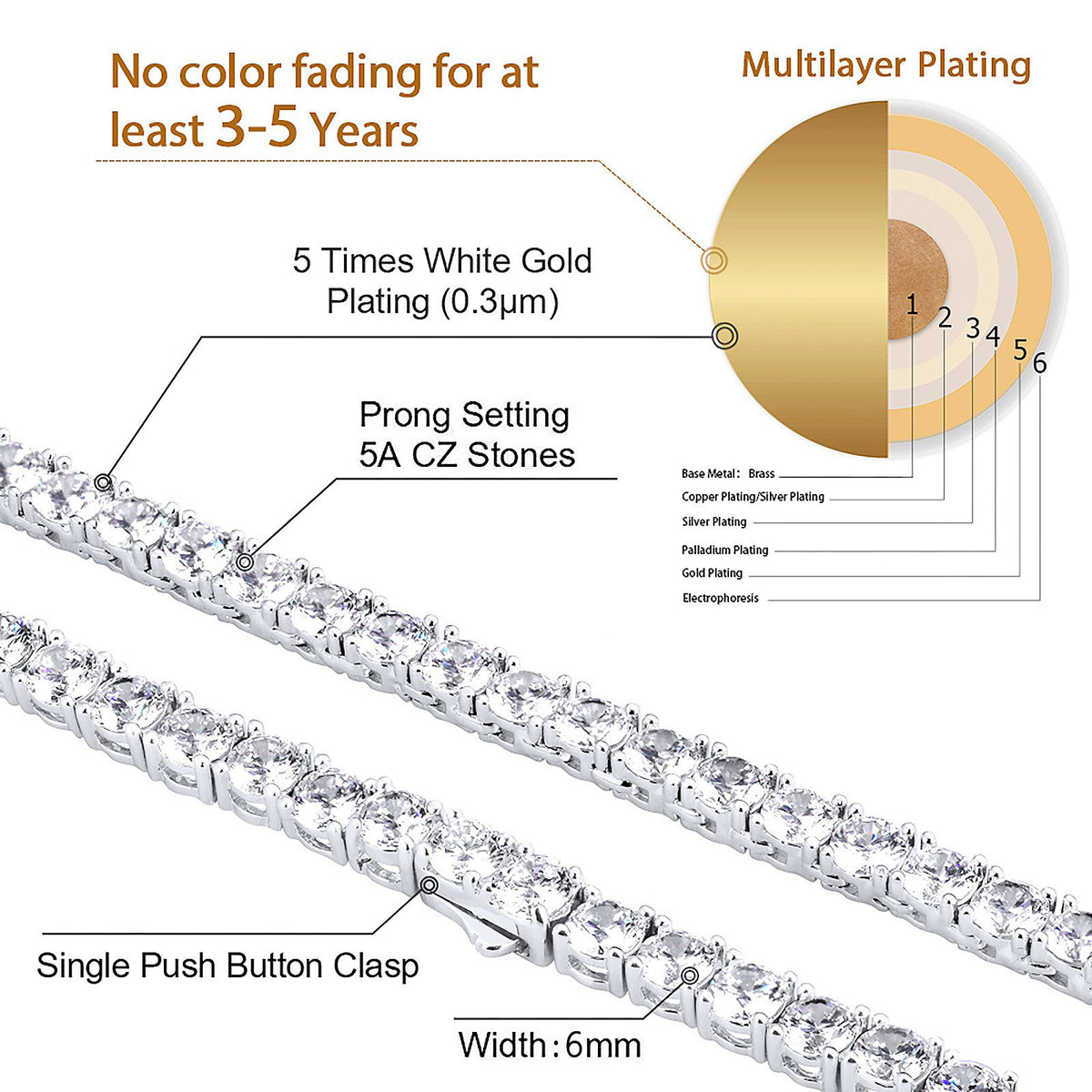 6mm White Gold Round Cut Cubic Zirconia Mens Diamond Tennis Chain