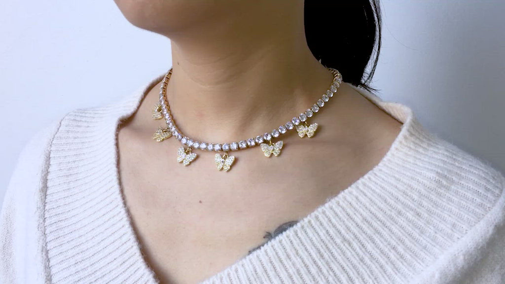 KRKC Tennis Chain Butterfly Choker Charm Necklace in 18K gold for Women