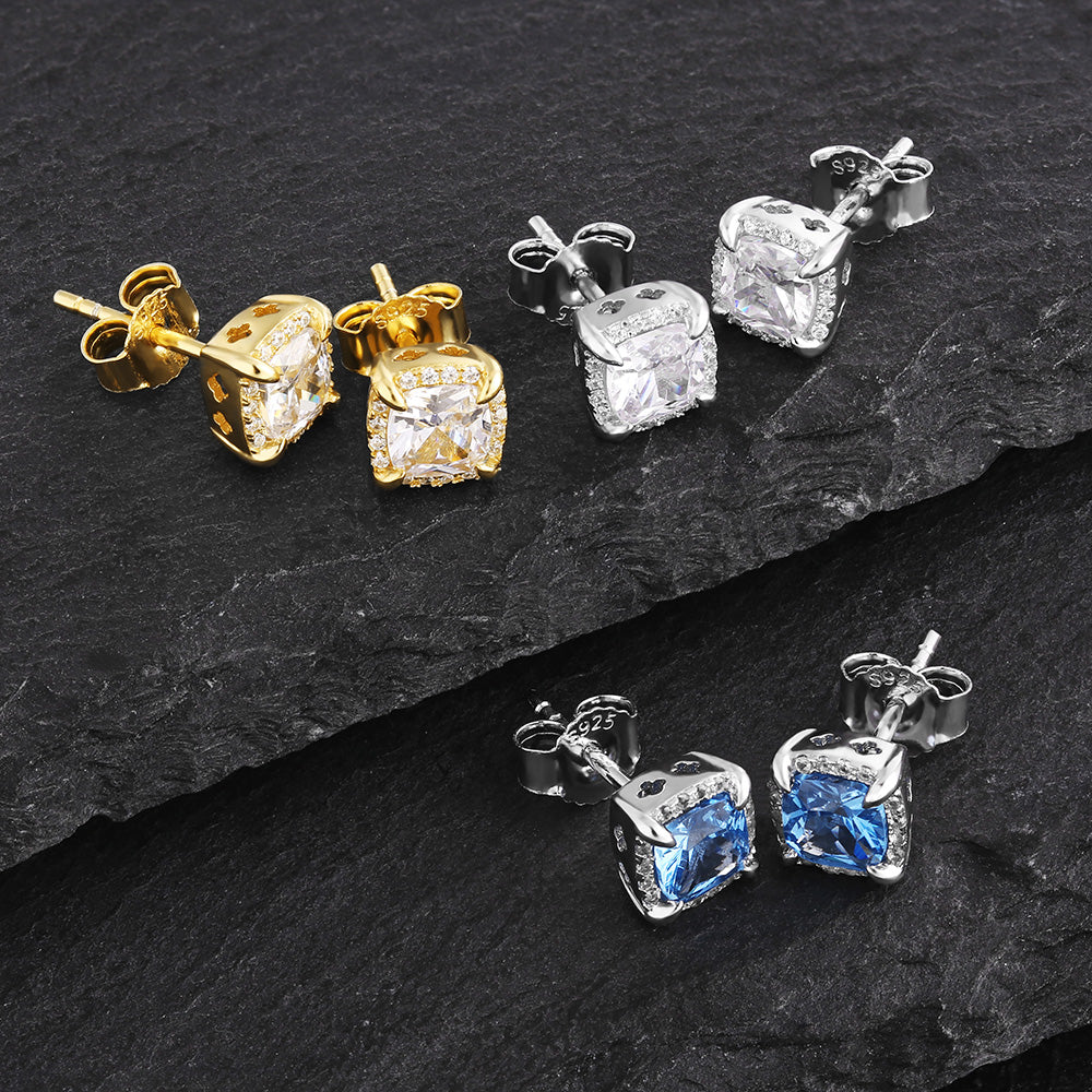 Princess Cut Diamond Stud Mens Earrings 925 Silver Blue/Gold/White-KRKC&CO KEEP REAL KEEP CHAMPION