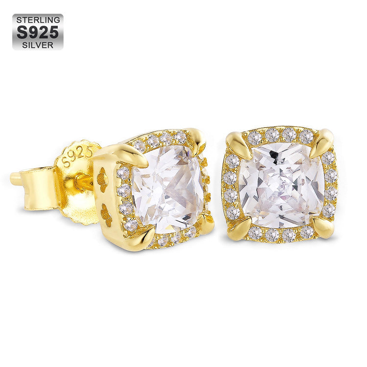 Princess Cut Diamond Stud Mens Earrings 925 Silver Blue/Gold/White-KRKC&CO KEEP REAL KEEP CHAMPION