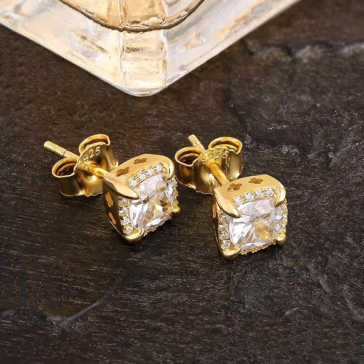 Princess Cut Diamond Stud Mens Earrings 925 Silver Blue/Gold/White-KRKC&CO KEEP REAL KEEP CHAMPION