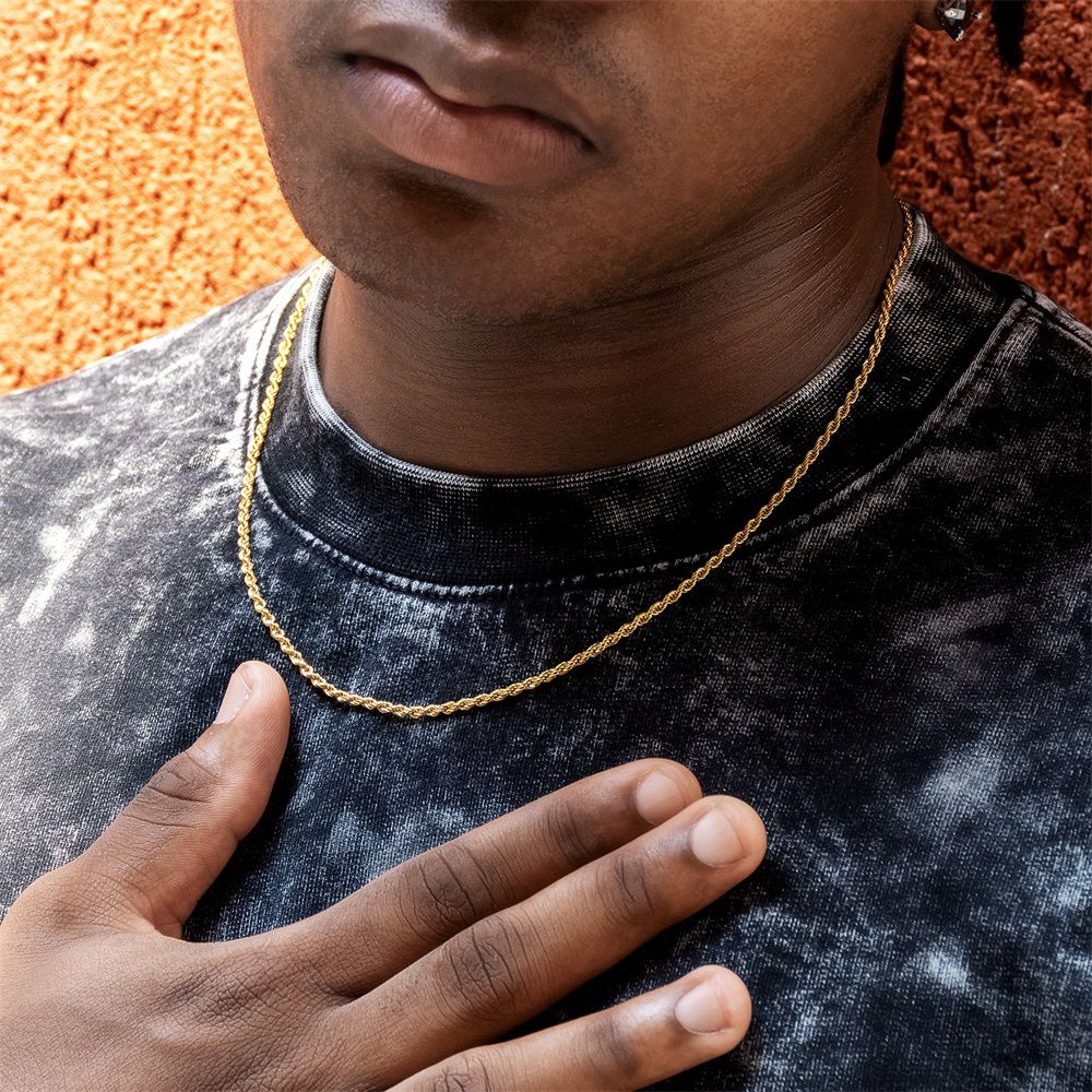 KRKC 3mm Stainless Steel Mens Rope Chain in 18K Gold