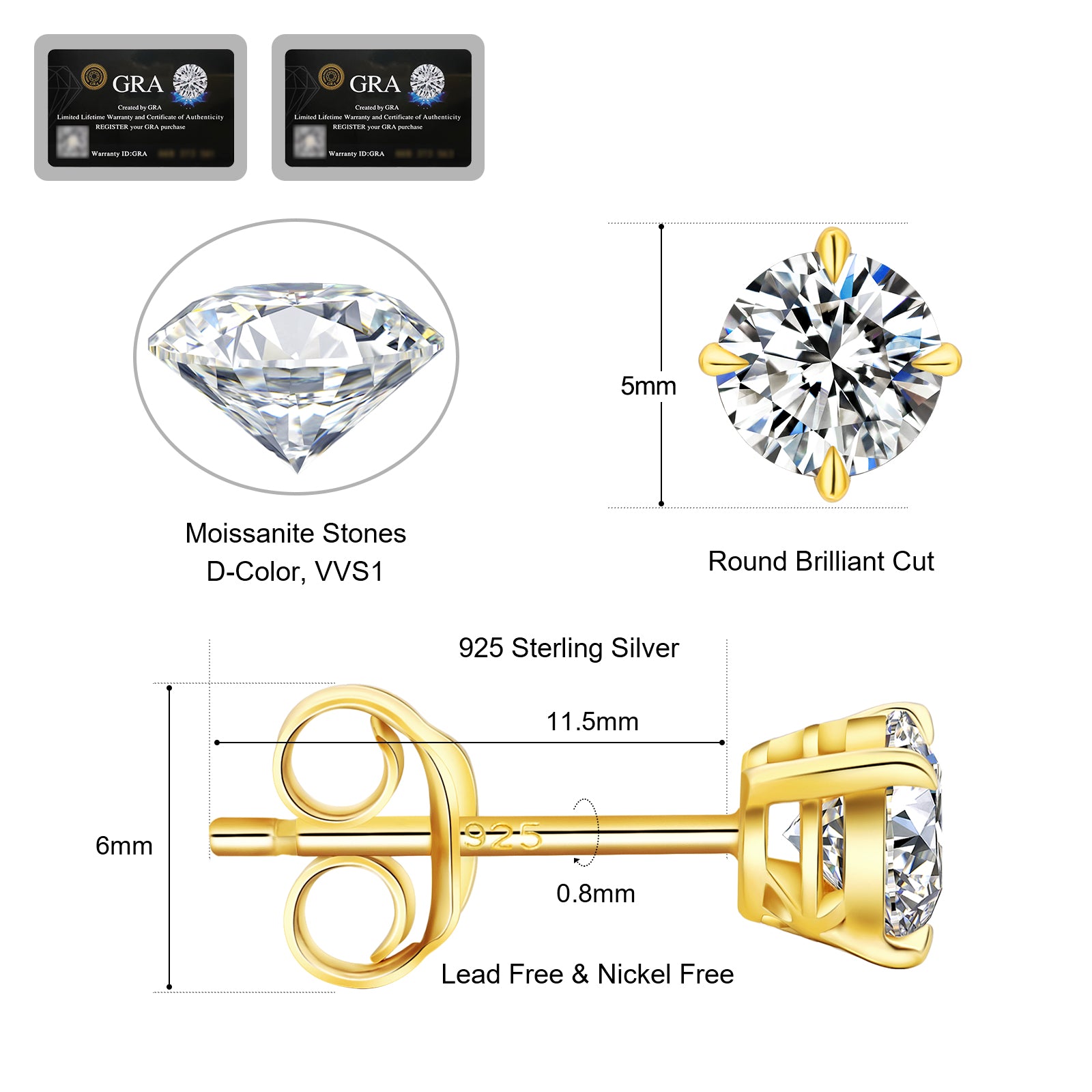 0.5 Carats *2 Round Excellent VVS1 Moissanite Earrings 0201