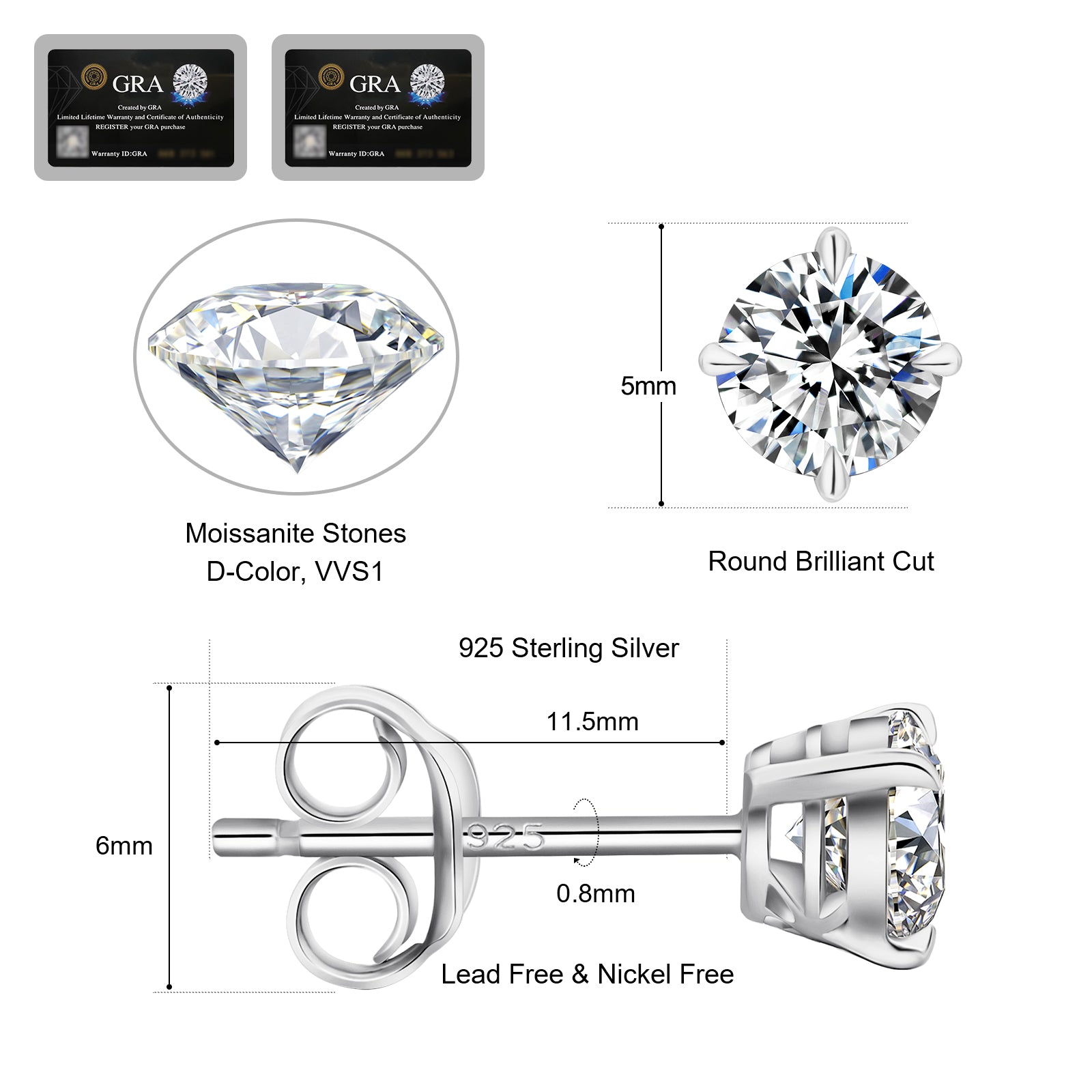 0.5 Carats *2 Round Excellent VVS1 Moissanite Earrings 0201