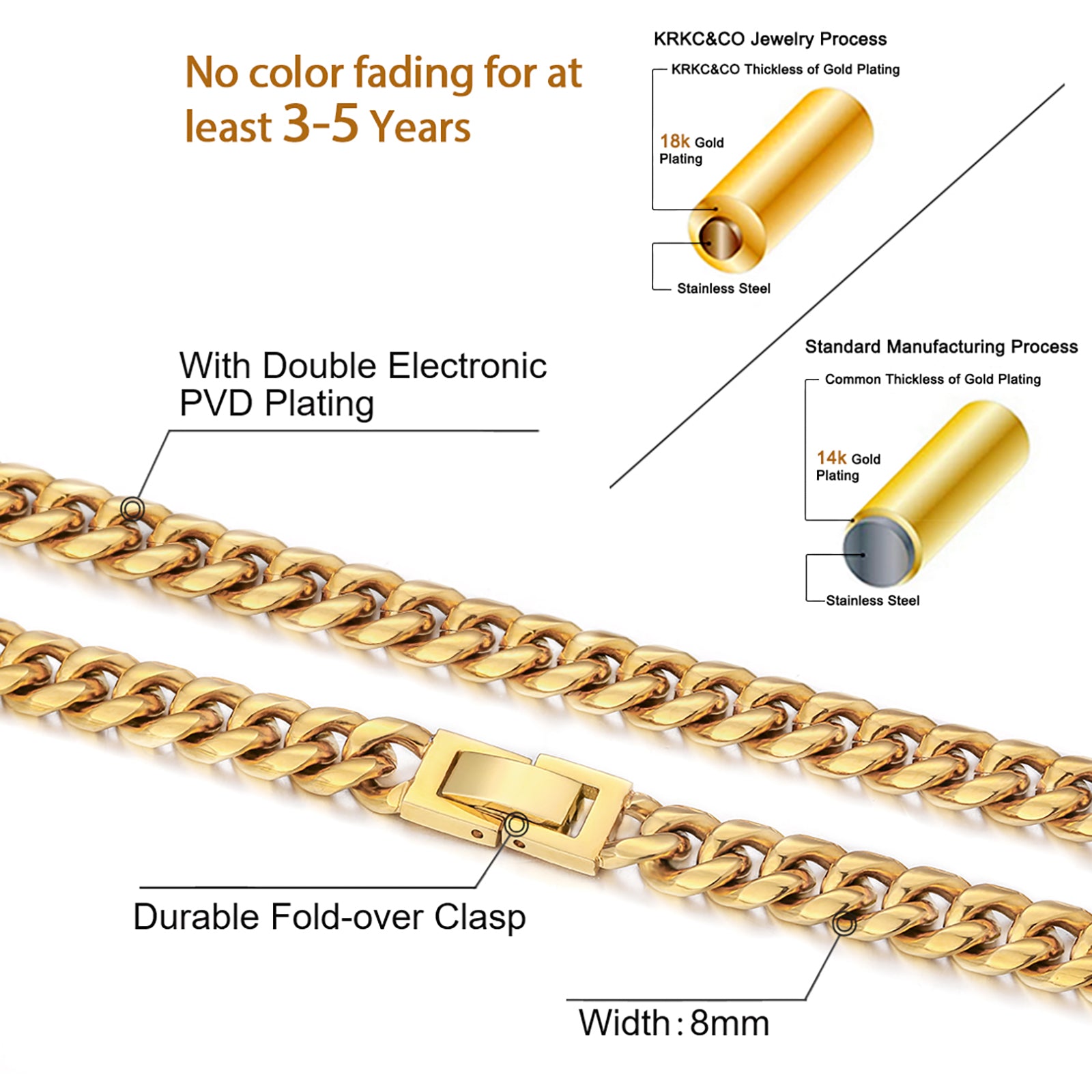 KRKC 8mm Mens Miami Cuban Link Chain in 18K Gold