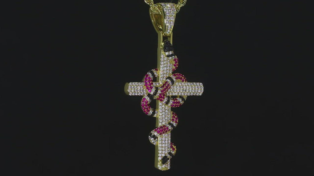 Iced Out Mens Cross Nacklace with Coral Snake Twist Pendant in 14K Gold