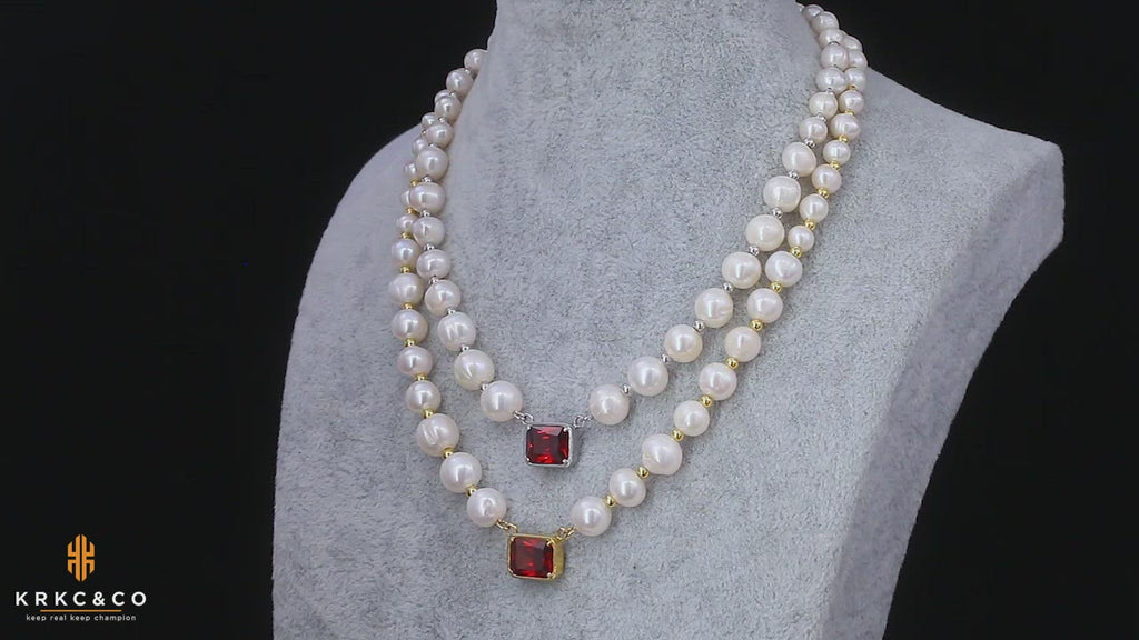 8mm Red Ruby Freshwater Pearl Beaded Necklace and Bracelet Set KRKC